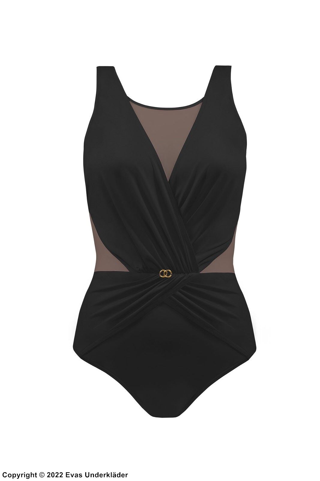 One-piece swimsuit, high quality microfiber, wide shoulder straps, mesh inlay, wrinkles